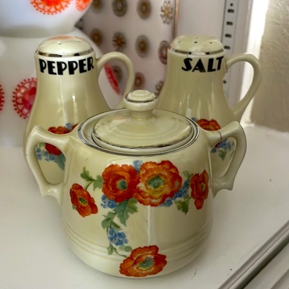 Vintage Other - RARE Vintage Hall's Orange Poppy Radiance S&P Dbl handled lidded Sugar Bowl